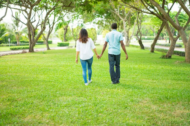 Vista posterior de la pareja multiétnica caminando cogidos de la mano en el parque.
