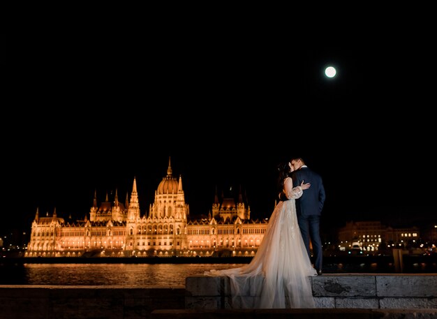 Vista posterior de la pareja de novios enamorados del pintoresco parlamento iluminado en Budapest en la noche