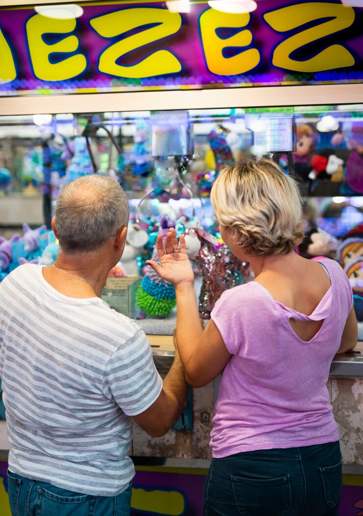 Foto gratuito vista posterior pareja en tienda de diversiones