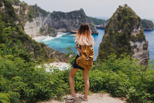 Vista posterior de viajar mujer de pie sobre acantilados y playa tropical