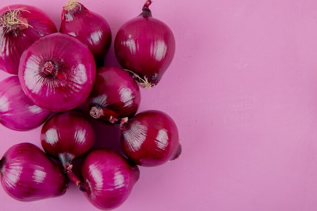 Vista de primer plano de cebollas rojas en el lado izquierdo y fondo morado con espacio de copia