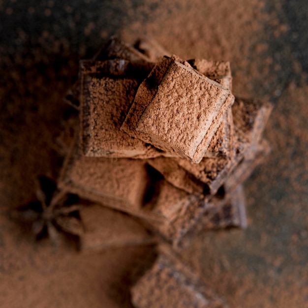 Vista de primer plano de chocolate con cacao en polvo
