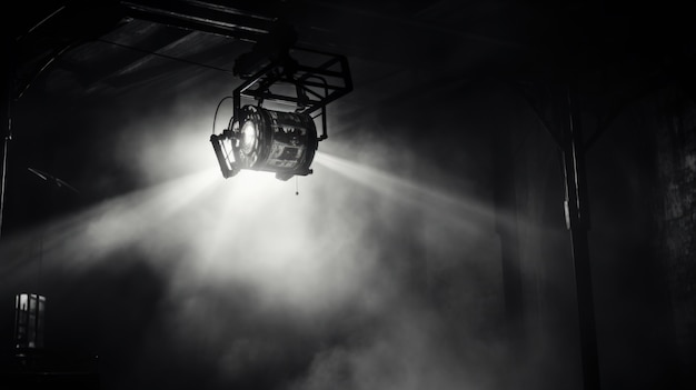 Vista de un proyector de luz en blanco y negro para el teatro