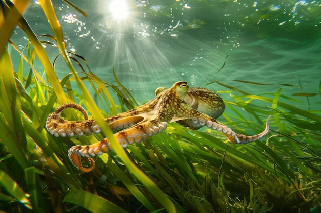 Foto gratuita vista del pulpo en su hábitat natural submarino