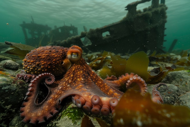 Vista del pulpo en su hábitat natural submarino