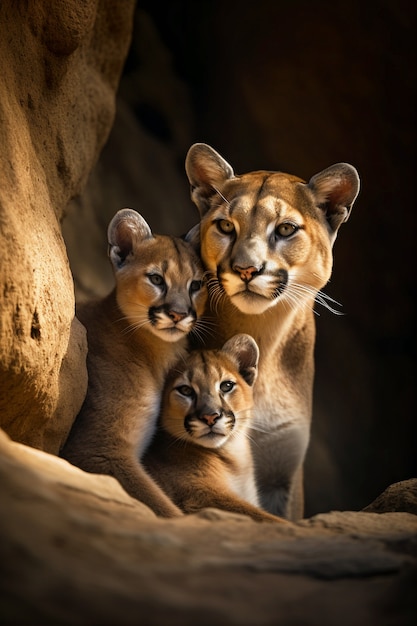 Foto gratuita vista de puma salvaje con cachorros en la naturaleza