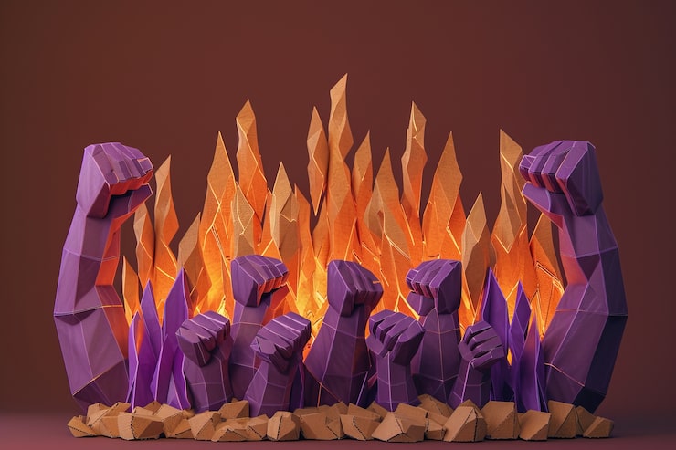 Foto gratuito vista de puños púrpuras con fuego para la celebración del día de la mujer