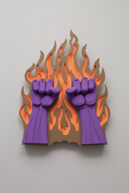 Vista de puños púrpuras con fuego para la celebración del día de la mujer