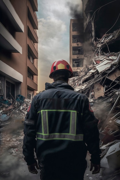 Vista del rescatista de bomberos entre los edificios afectados después de un terremoto