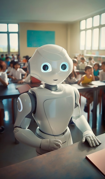 Vista del robot futurista en el entorno escolar