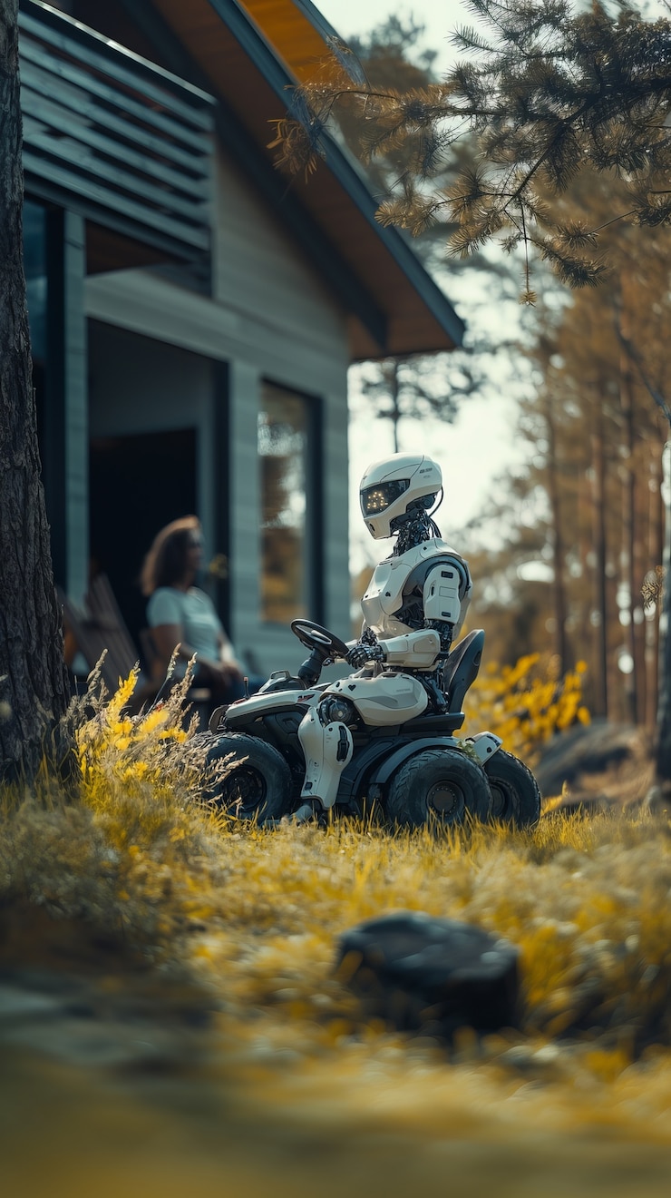 Foto gratuito vista de un robot que se ocupa de un jardín