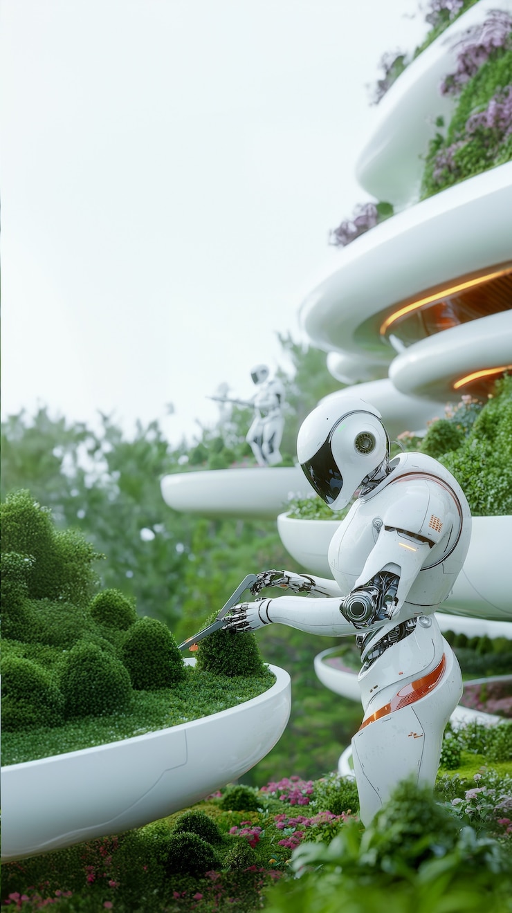 Foto gratuito vista de un robot que se ocupa de un jardín