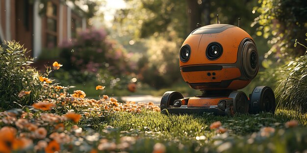 Vista de robots que cuidan y mantienen jardines