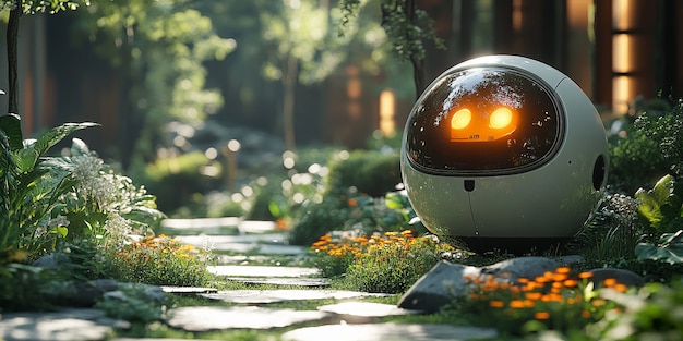 Vista de robots que cuidan y mantienen jardines