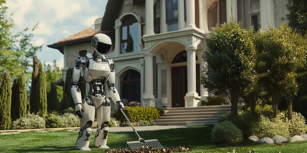 Vista de robots que cuidan y mantienen jardines