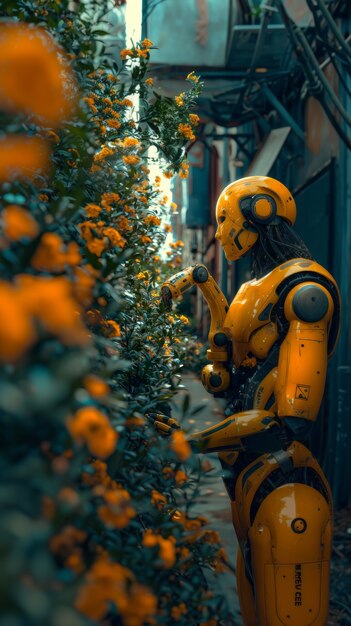 Vista de robots que cuidan y mantienen jardines