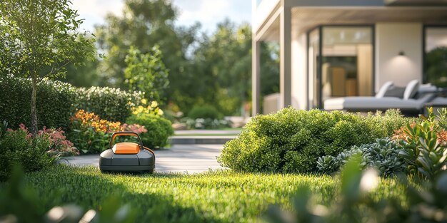 Vista de robots que cuidan y mantienen jardines