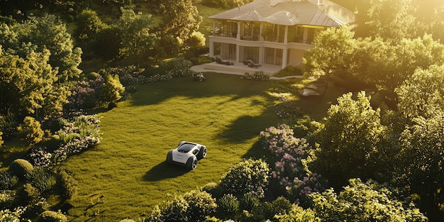Vista de robots que cuidan y mantienen jardines