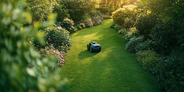 Vista de robots que cuidan y mantienen jardines
