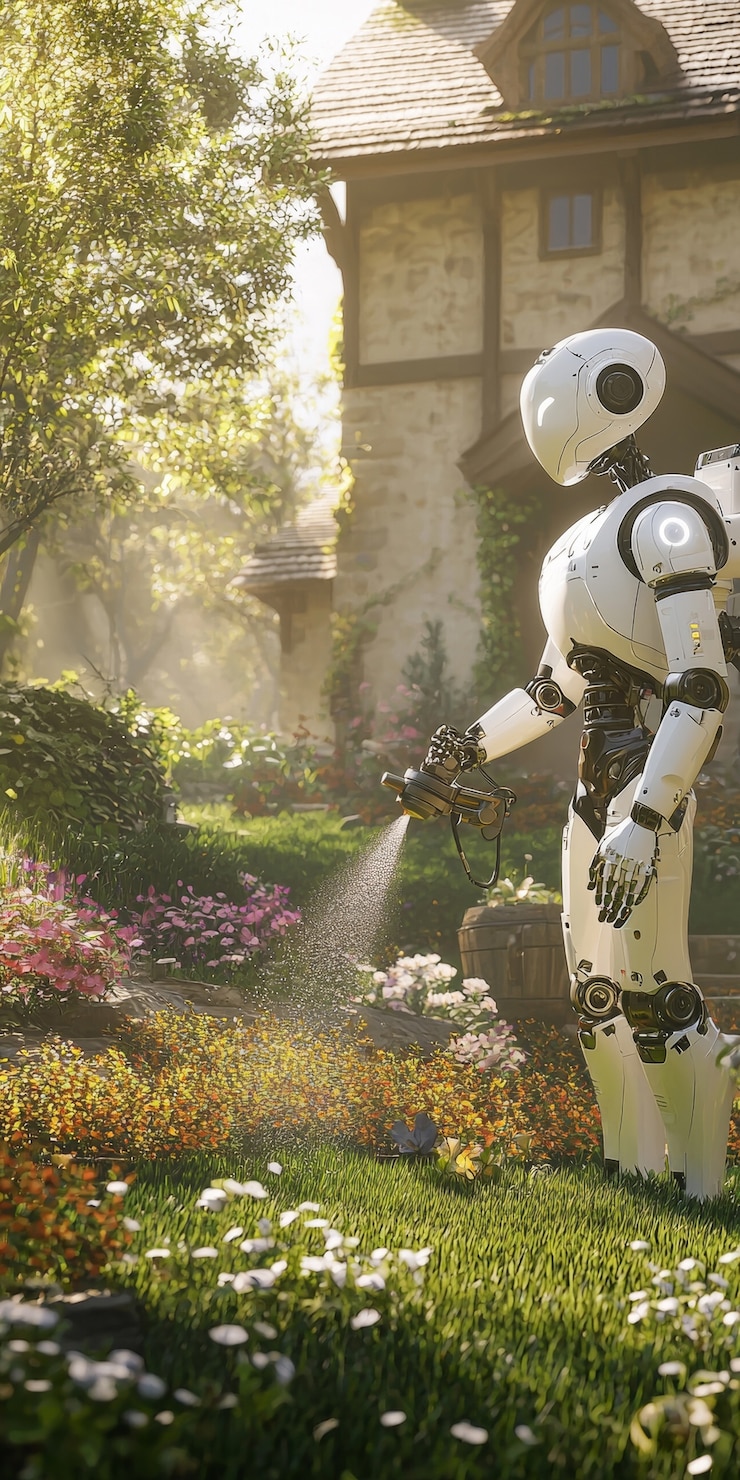 Foto gratuito vista de robots que cuidan y mantienen jardines