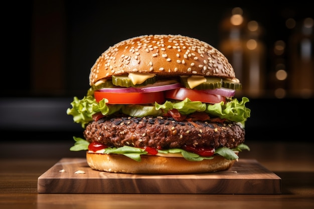 Vista de una sabrosa hamburguesa con queso y carne