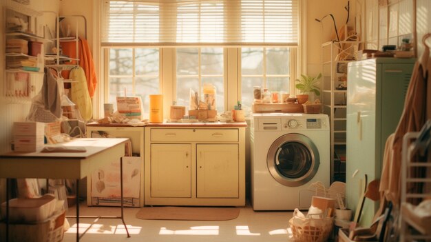 Foto gratuita vista de la sala de lavandería con lavadora y colores retro