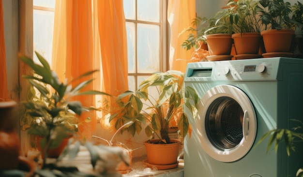 Foto gratuita vista de la sala de lavandería con lavadora y colores retro