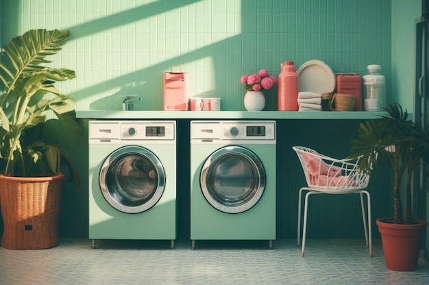 Foto gratuita vista de la sala de lavandería con lavadora y colores retro