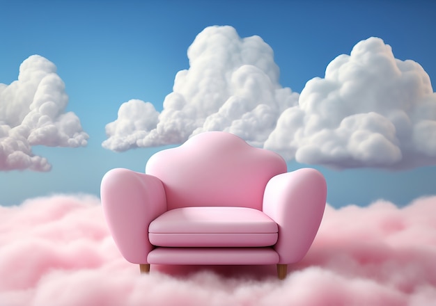 Foto gratuita vista de un sillón 3d con nubes