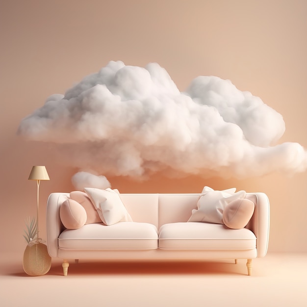 Foto gratuita vista del sofá 3d con nubes