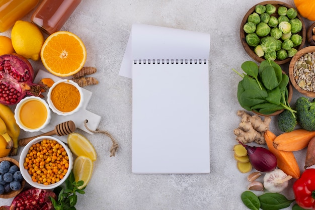 Vista superior de los alimentos que aumentan la inmunidad para un estilo de vida saludable