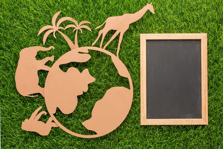 Foto gratuito vista superior de animales de papel y planeta con pizarra sobre césped para el día de los animales