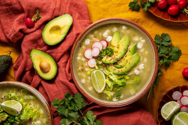 Vista superior del apetitoso tazón de pozole