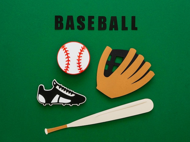 Vista superior del béisbol con bate, guante y zapatillas