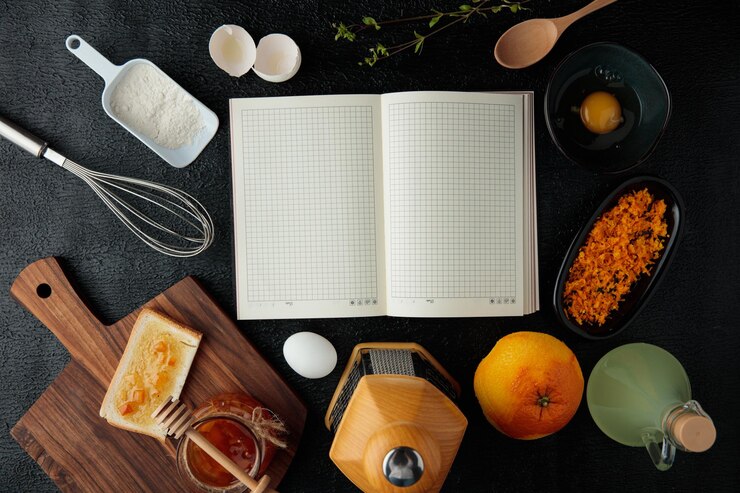 Foto gratuito vista superior del bloc de notas abierto con harina, huevo, naranja, jugo de lima, batidor, cuchara, mermelada, rebanada de pan, rallador de ralladura de naranja sobre fondo negro