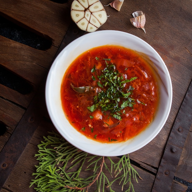 Vista superior borsch con ajo y rama de abeto en plato redondo