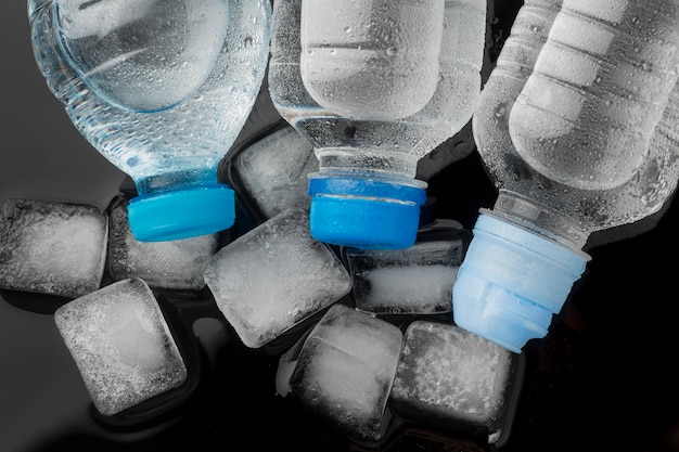 Foto gratuita vista superior de botellas de agua y cubitos de hielo.