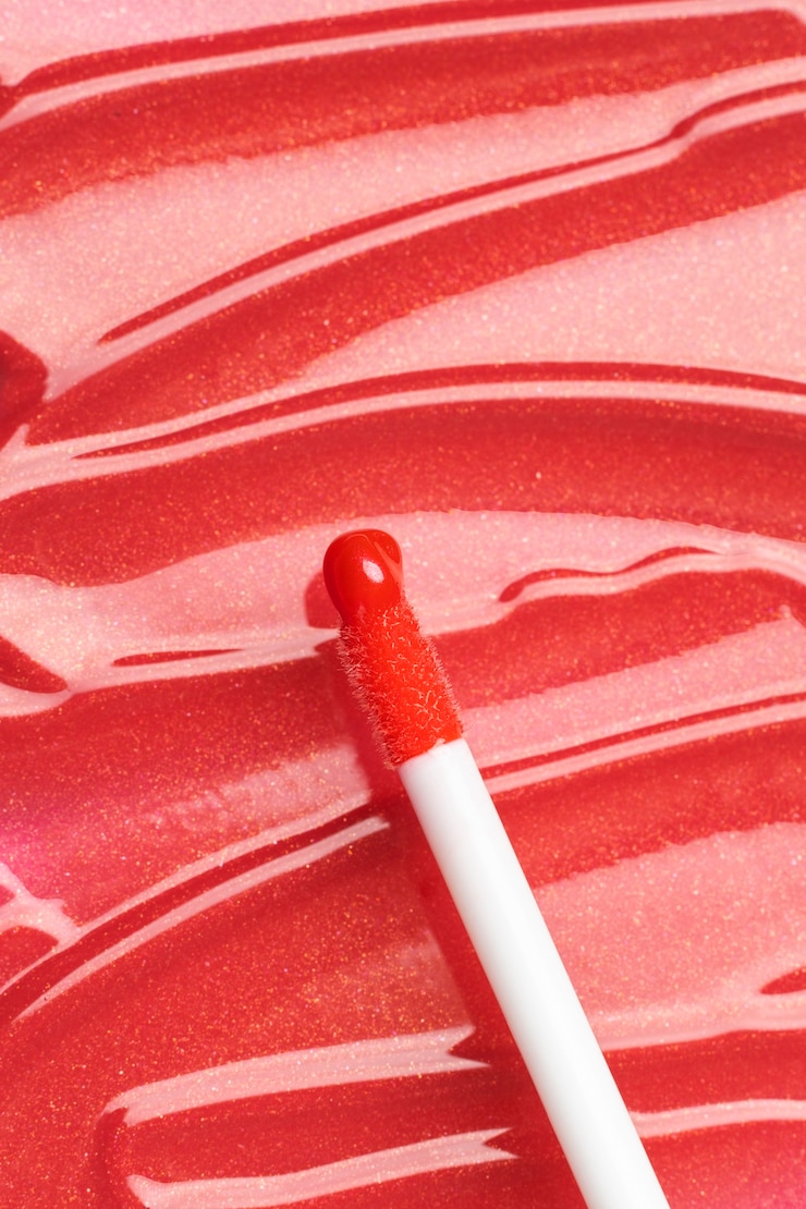 Foto gratuito vista superior de brillo de labios rojo brillante