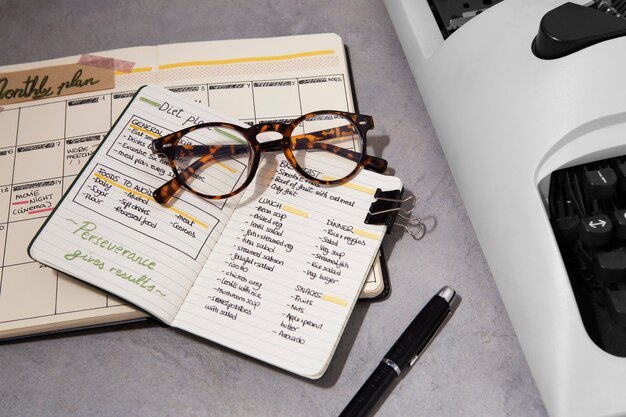 Vista superior de bullet journal y gafas