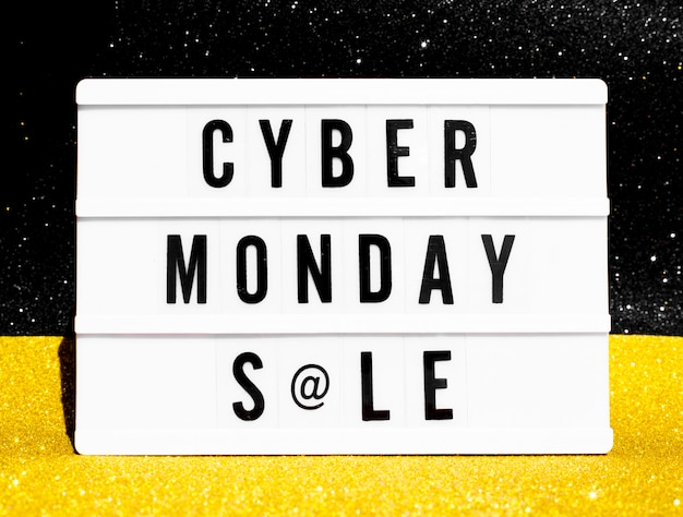 Vista superior de la caja de luz para cyber monday con purpurina