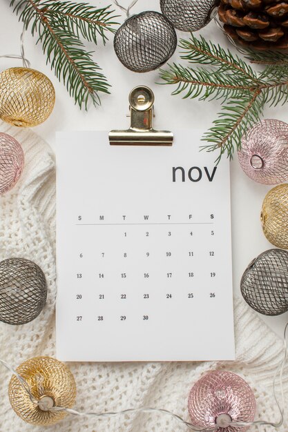 Vista superior del calendario de noviembre y ramitas.
