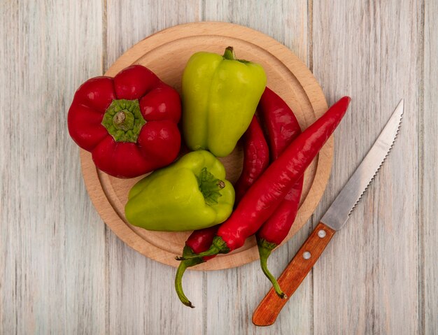 Vista superior de la campana fresca y los chiles en una tabla de cocina de madera con un cuchillo en una pared de madera gris