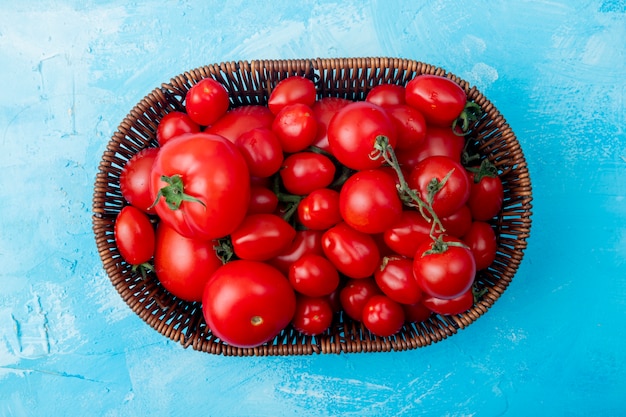 Vista superior de la canasta llena de tomates enteros sobre superficie azul