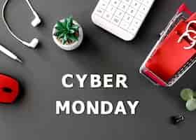 Foto gratuita vista superior del carrito de compras con bolsas y calculadora para cyber monday