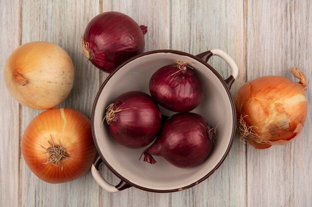 Vista superior de cebollas rojas frescas en un recipiente con cebollas amarillas y rojas aisladas sobre una superficie de madera gris