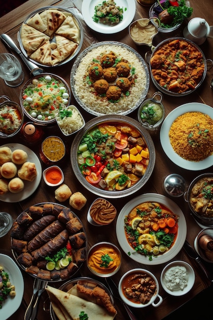 Vista superior de celebración de eid al-fitr con comida deliciosa