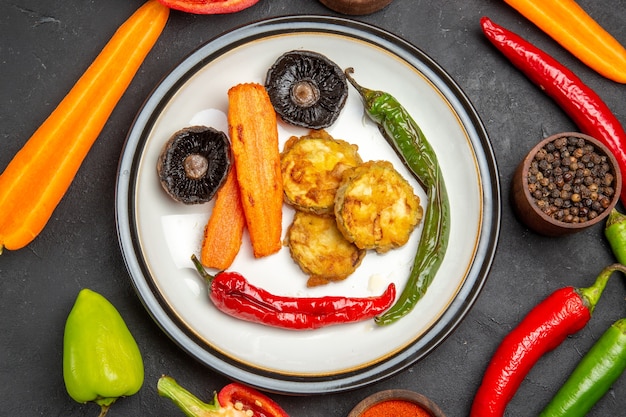 Vista superior de cerca verduras cuencos de especias zanahorias pimientos verduras asadas