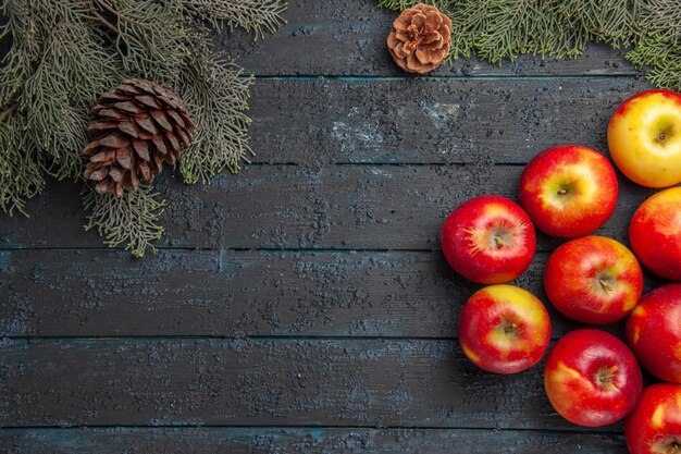 Vista superior cercana ramas y manzanas muchas manzanas a la derecha y ramas de árboles con conos a la izquierda