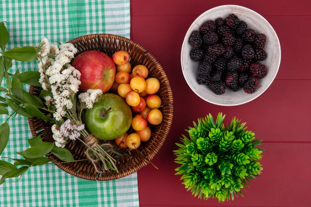 Vista superior cereza blanca con manzanas de colores y flores en una canasta y moras en un recipiente sobre una mesa roja