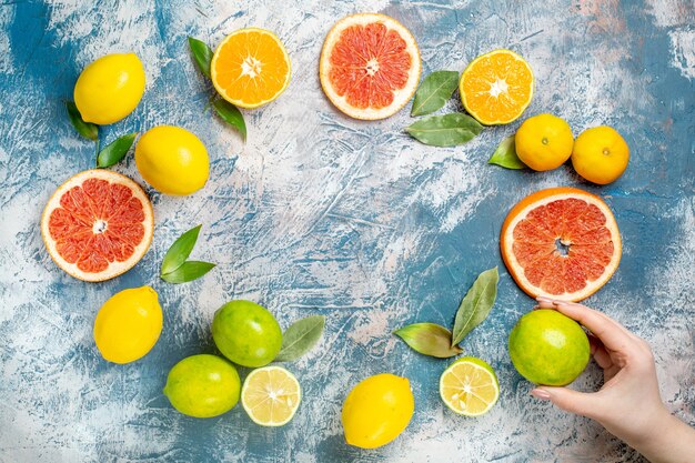 Vista superior círculo fila cítricos limones cortados pomelos mandarinas limón en mano de mujer sobre mesa blanca azul